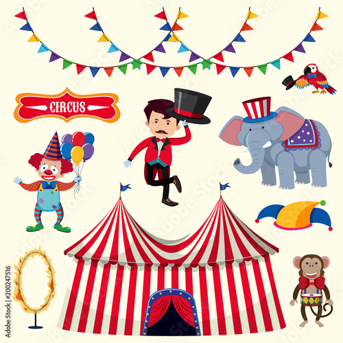 Trainer and many circus animals on white background