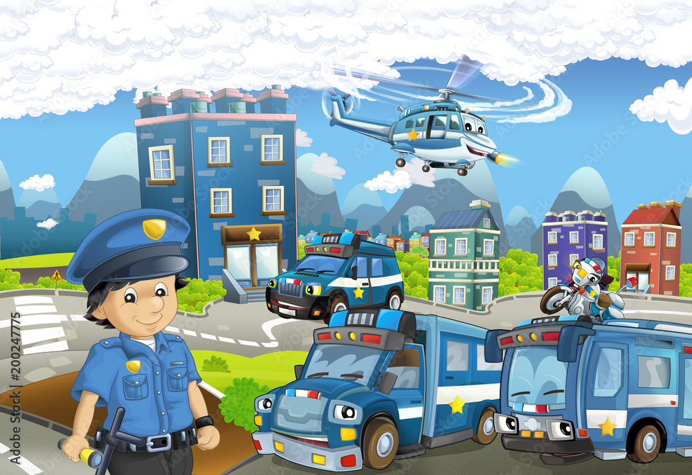 cartoon stage with different machines for police and policeman - colorful and cheerful scene - illustration for children