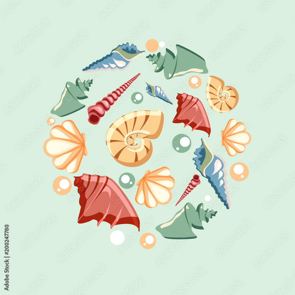 Fototapeta premium Green marine background with exotic seashells.