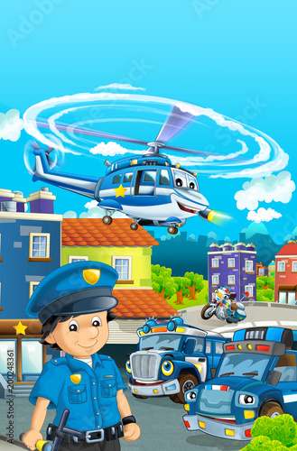 cartoon stage with different machines for police duty and policeman - colorful and cheerful scene - illustration for children © honeyflavour