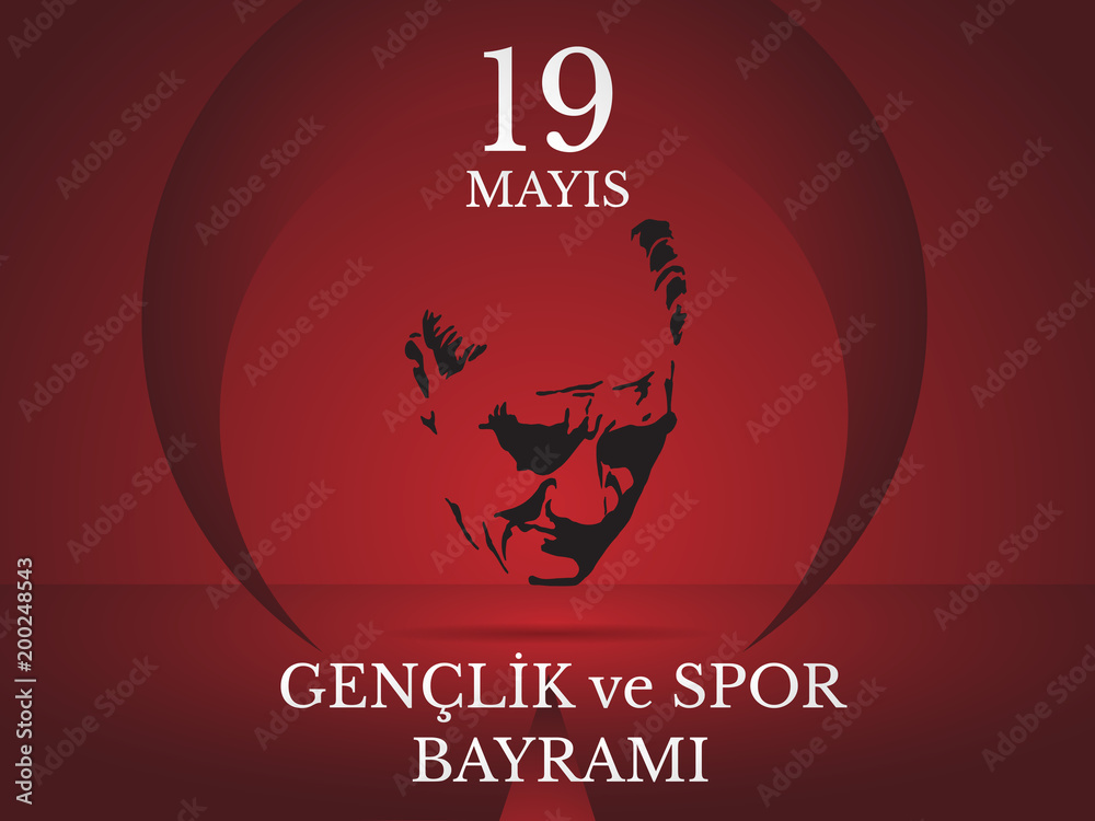 vector illustration 19 mayis Ataturk'u Anma, Genclik ve Spor Bayramiz , translation: 19 may Commemoration of Ataturk, Youth and Sports Day, graphic design to the Turkish holiday, children logo.