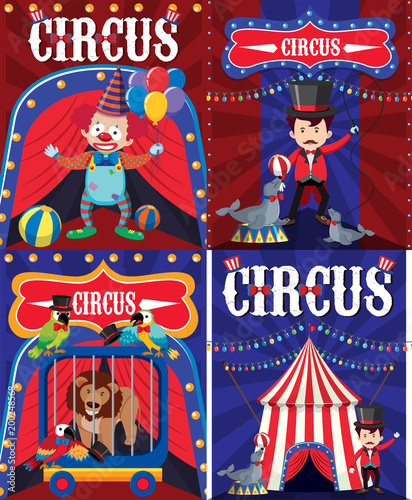 Poster design for circus with clown and trainer
