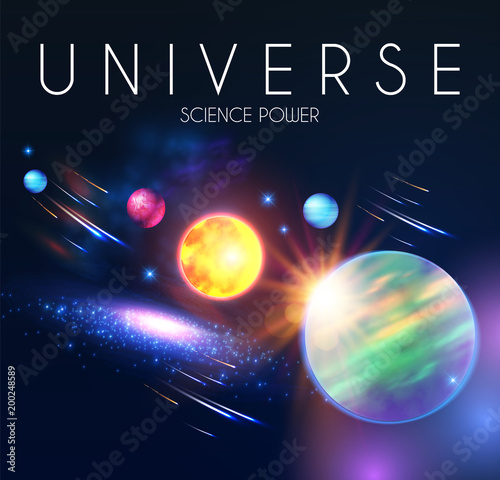 Space Shining Backgrouns with Realistic 3D Planets and Stars. Univerce and Cosmos Design. Light of a Galaxy. Science Template.