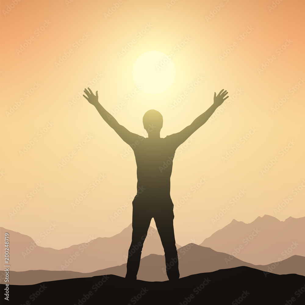 Realistic silhouette of a man welcoming sunrise in a mountain landscape with orange sky Realistic silhouette of a man welcoming sunrise in a mountain landscape with orange sky