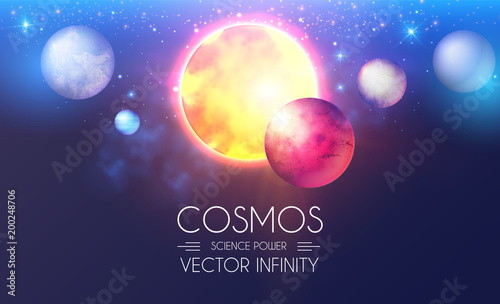 Space Shining Backgrouns with Realistic 3D Planets and Stars. Univerce and Cosmos Design. Light of a Galaxy. Science Template.