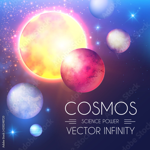Space Shining Backgrouns with Realistic 3D Planets and Stars. Univerce and Cosmos Design. Light of a Galaxy. Science Template.