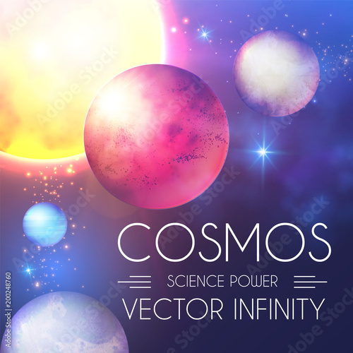 Space Shining Backgrouns with Realistic 3D Planets and Stars. Univerce and Cosmos Design. Light of a Galaxy. Science Template.