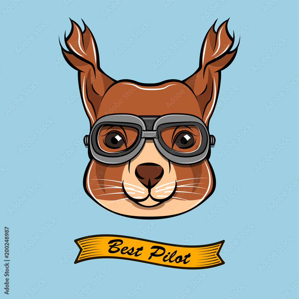 Squirrel with pilot glasses.  illustration