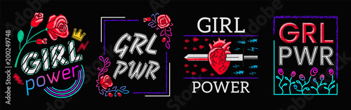 Girls Power is Collection Slogans Print Embroidery T-shirt. Feminist slogan, Rock print. Fashionable slogan with roses. Girl Gang patches, badges T-shirt apparels print tee graphic design. Vector