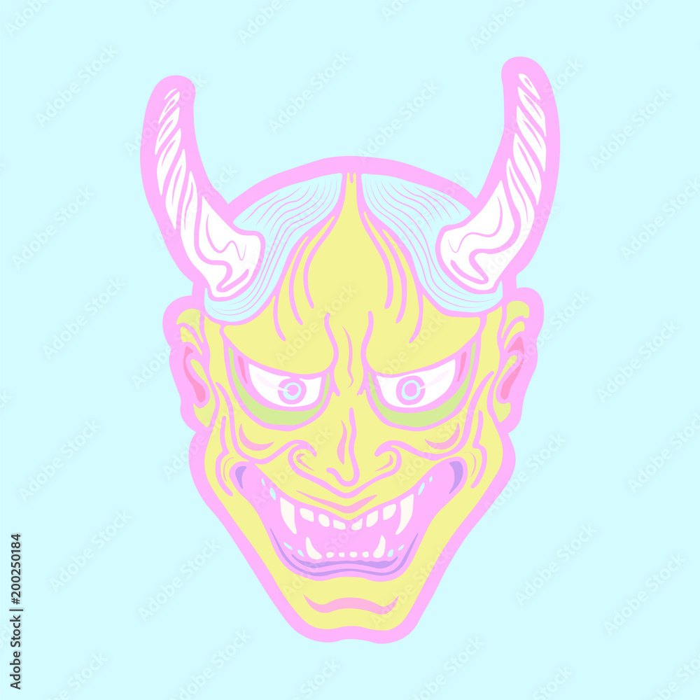 Vetor de Hand drawn Japanese hannya demon bright pastel theatre betrayed  woman mask with eyes and mouth wide open, sharp teeth and light blue hair.  Vector isolated illustration in pink on a
