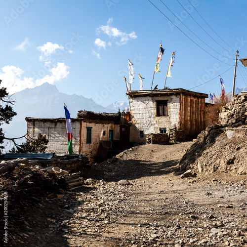 Small asian mountain village Jhong in autumn in Lower Mustang, Nepal, Himalaya, Annapurna Conservation Area