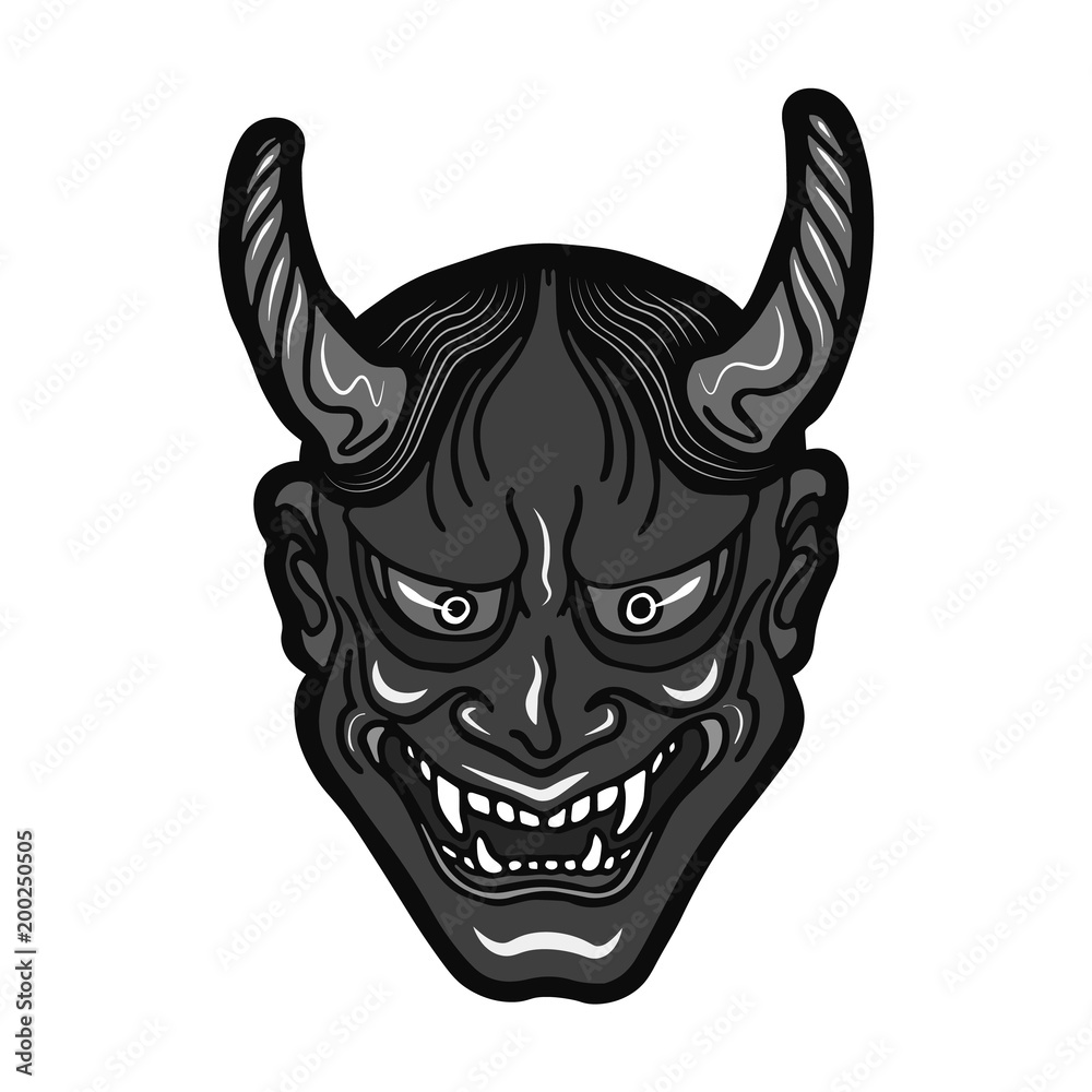 Hand drawn Japanese hannya demon grey theatre betrayed woman mask with eyes and mouth wide open, sharp teeth and dark hair. Vector isolated illustration on a light background.