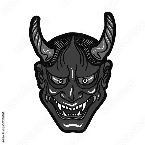 Hand drawn Japanese hannya demon grey theatre betrayed woman mask with eyes and mouth wide open, sharp teeth and dark hair. Vector isolated illustration on a light background.