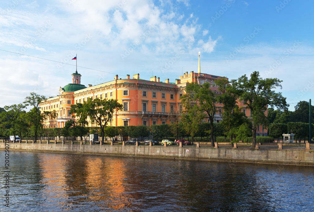 Saint Petersburg. View of the Mikhailovsky Castle (1801) or Engineers' Castle from the Fontanka River in summer sunny morning. Historical and Art Museum, branch of the Russian Museum