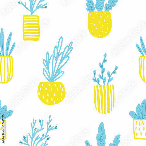 Seamless pattern with flowers in pots.