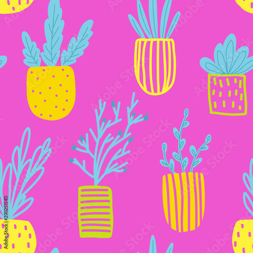 Seamless pattern with flowers in pots.