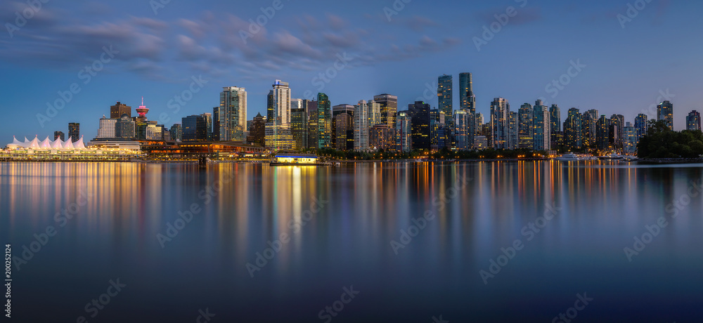 Night skyline of Vancouver downtown from Stanley Park