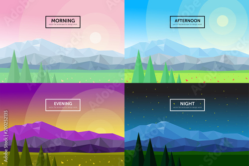 set of vector flat illustrations of temporal days: morning, day, evening, night, beautiful landscapes of triangular mountains, flowers, sky, stars, trees, nature panorama
