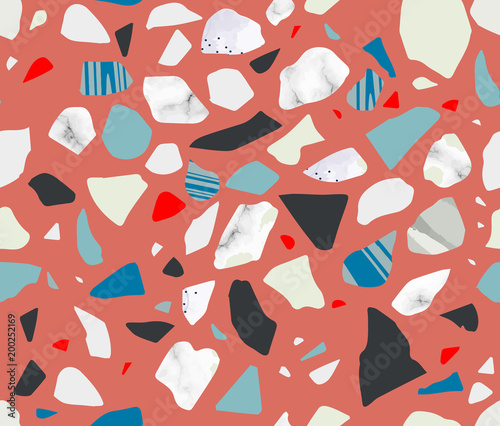 Terrazzo seamless pattern. Vibrant colors. Marble. Textured shapes