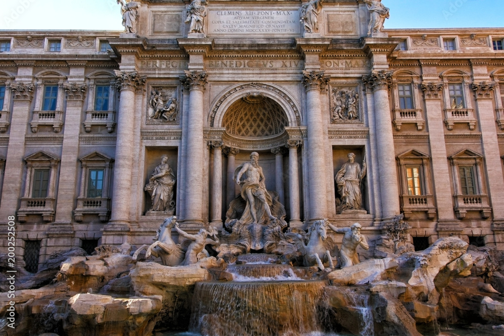 The Fontana di Trevi or Trevi Fountain. the fountain in Rome, Italy. It is the largest Baroque fountain in the city and the most beautiful in the world.