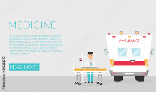 Ambulance. Banner on web site. Medical care. Vector.