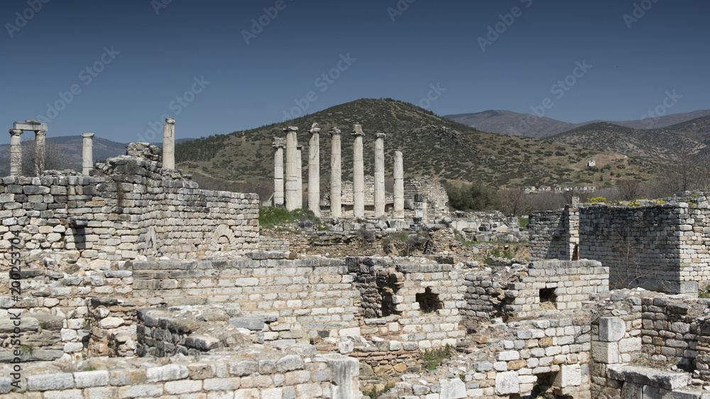 The Temple of Aphrodite in Aphrodisias Turkey with view of mountains in the background