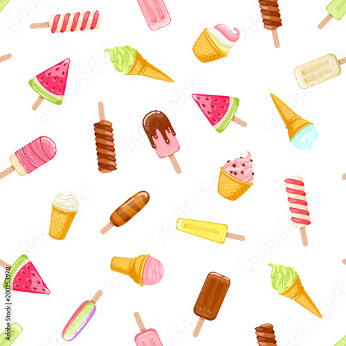 Colorful ice cream popsicles and cones seamless pattern.