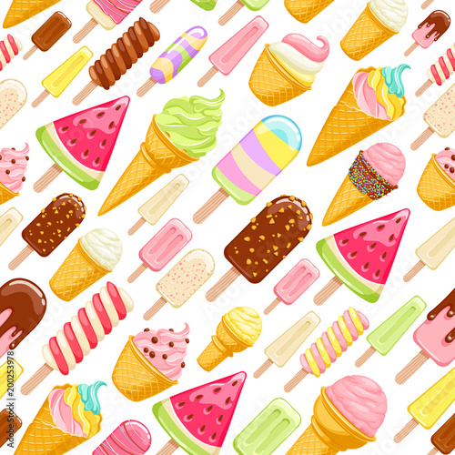 Colorful ice cream popsicles and cones seamless pattern.