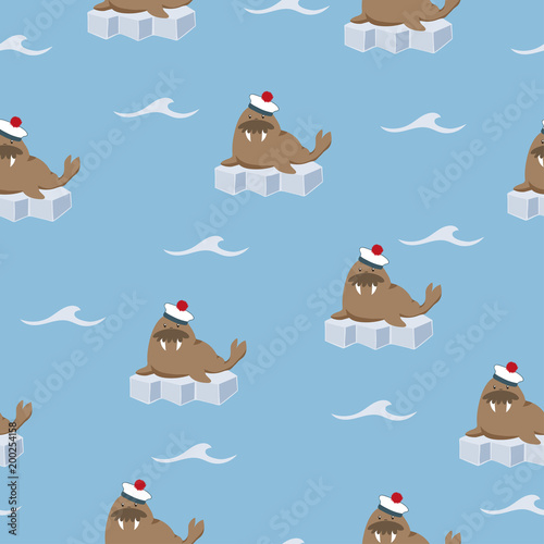 Seamless vector pattern with cute cartoon sailor walrus on ice.