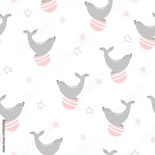 Tapety Bezszwowe cyrk wzór z pieczęcią na piłkę. Wektor dziecinne tło.