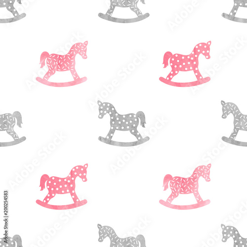 Seamless childish pattern with watercolor rocking horse. Baby shower print.