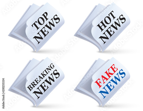 Newspaper isolated on white. Fake, top, hot, breaking news. Creative vector 3d illustration
