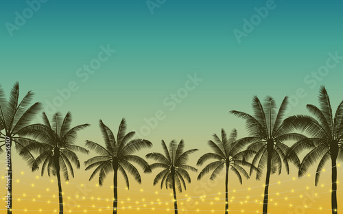 Fototapeta Naklejka Na Ścianę i Meble -  Silhouette palm tree and Hanging decorative party lights in flat icon design with vintage color background