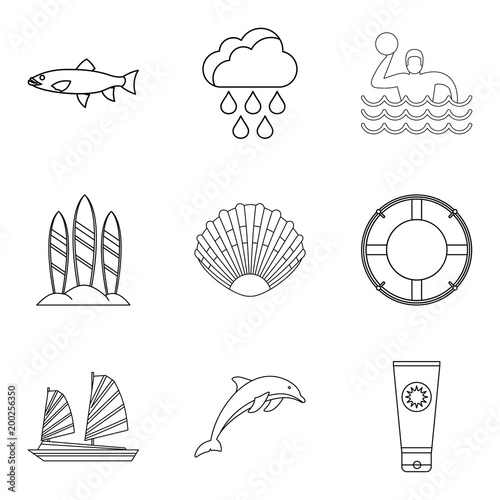 Tropical shore icons set  outline style