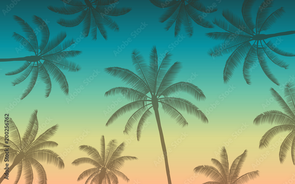 Silhouette palm tree in flat icon design with vintage color background