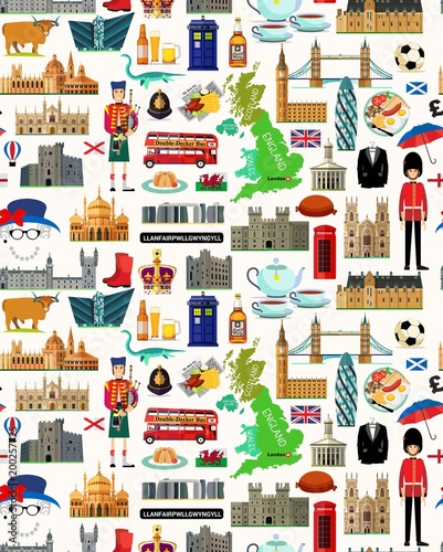 United Kingdom Travel Map. Seamless Travel pattern of United Kingdom.Vector Illustration.
