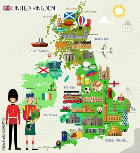 Photo United Kingdom Travel Map. Vector Illustration.