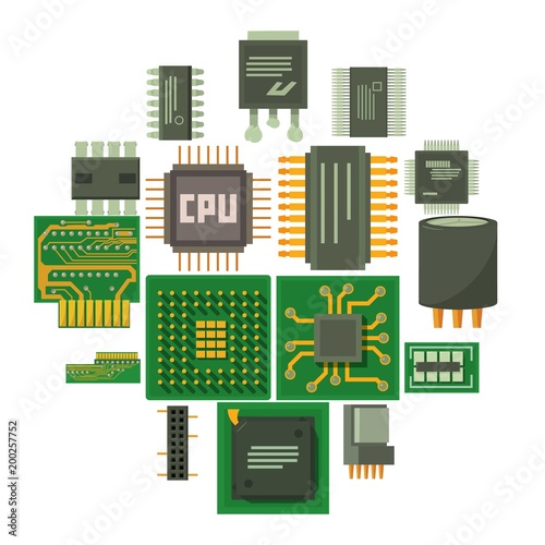 Computer chips icons set, cartoon style