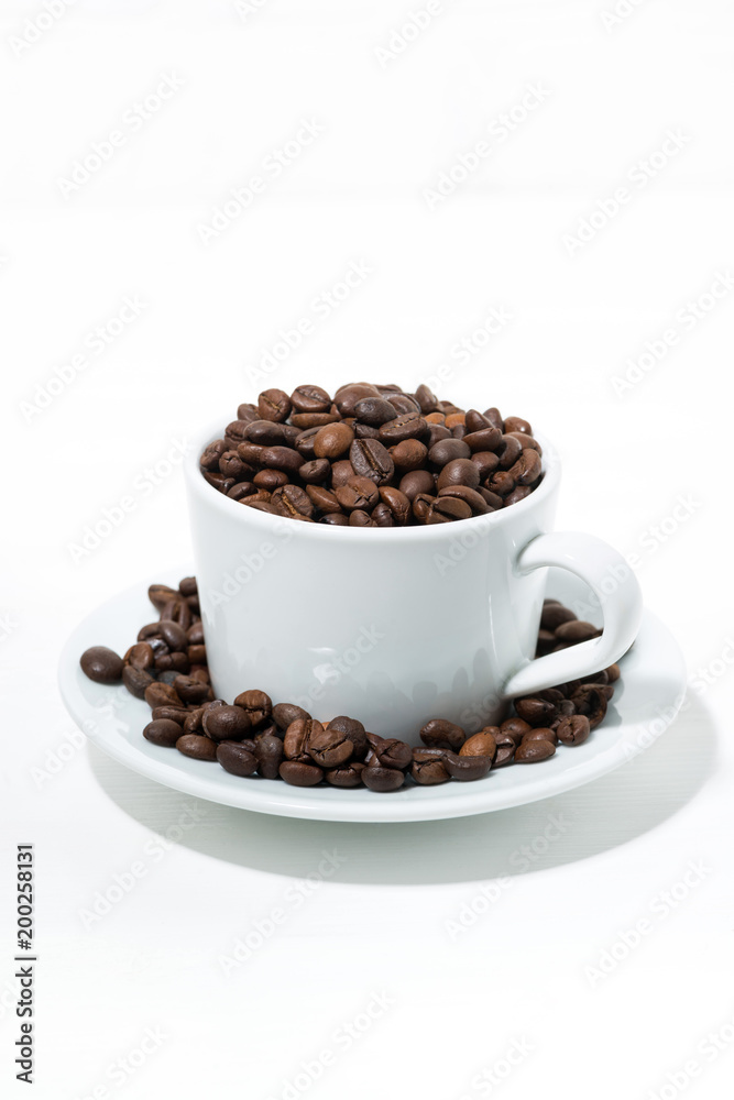 mug with coffee beans on white background, concept photo, vertical mug with coffee beans on white background, concept photo, vertical