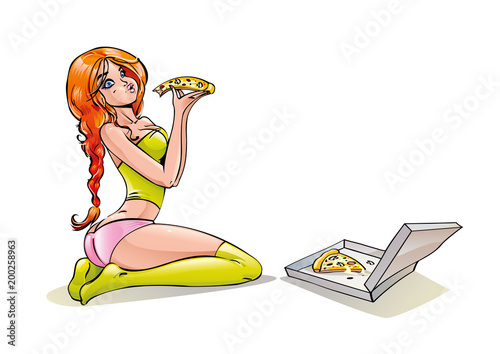 Funny red haired girl chews with appetite, eats pizza holding a piece in her hand, baking with cheese from a package delivered from an Italian restaurant. Female drawn cartoon character. Vector