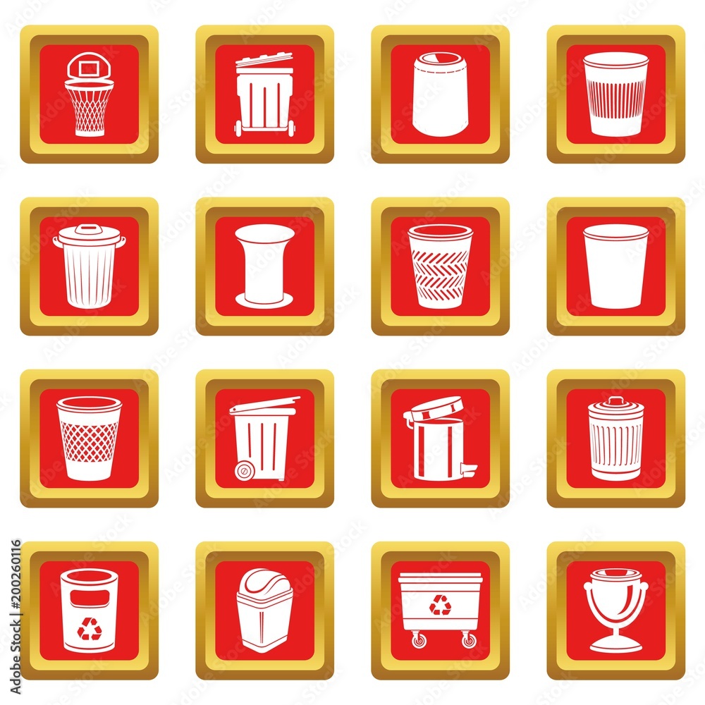 Trash can icons set red square vector Trash can icons set red square vector