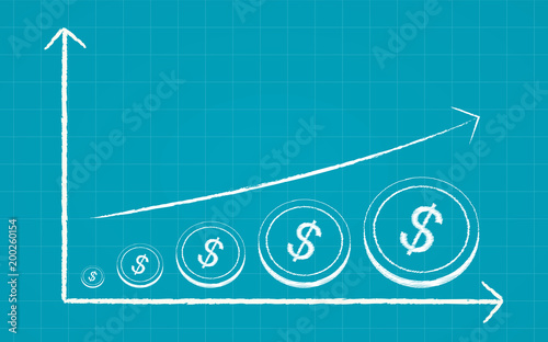 Abstract financial chart with dollar coins and arrow in chalk Scribble design on blue color background