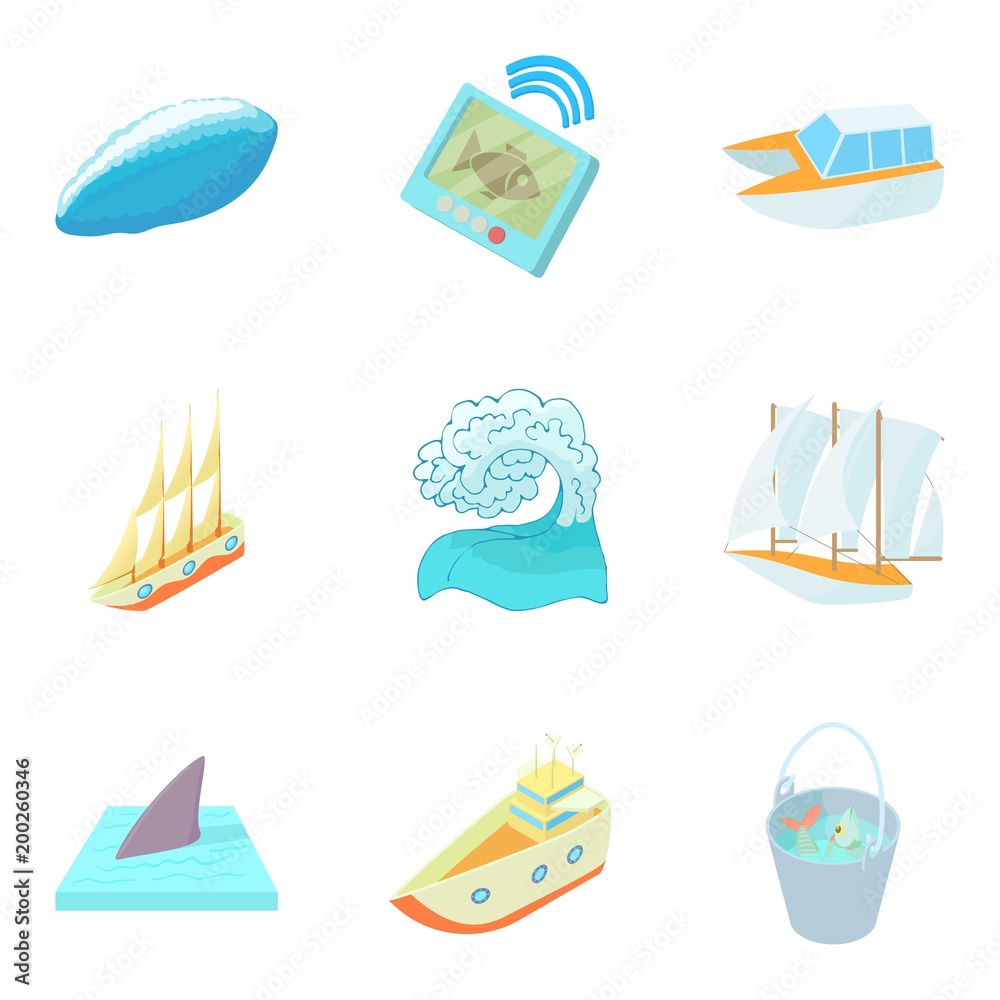 Sea pleasure icons set, cartoon style