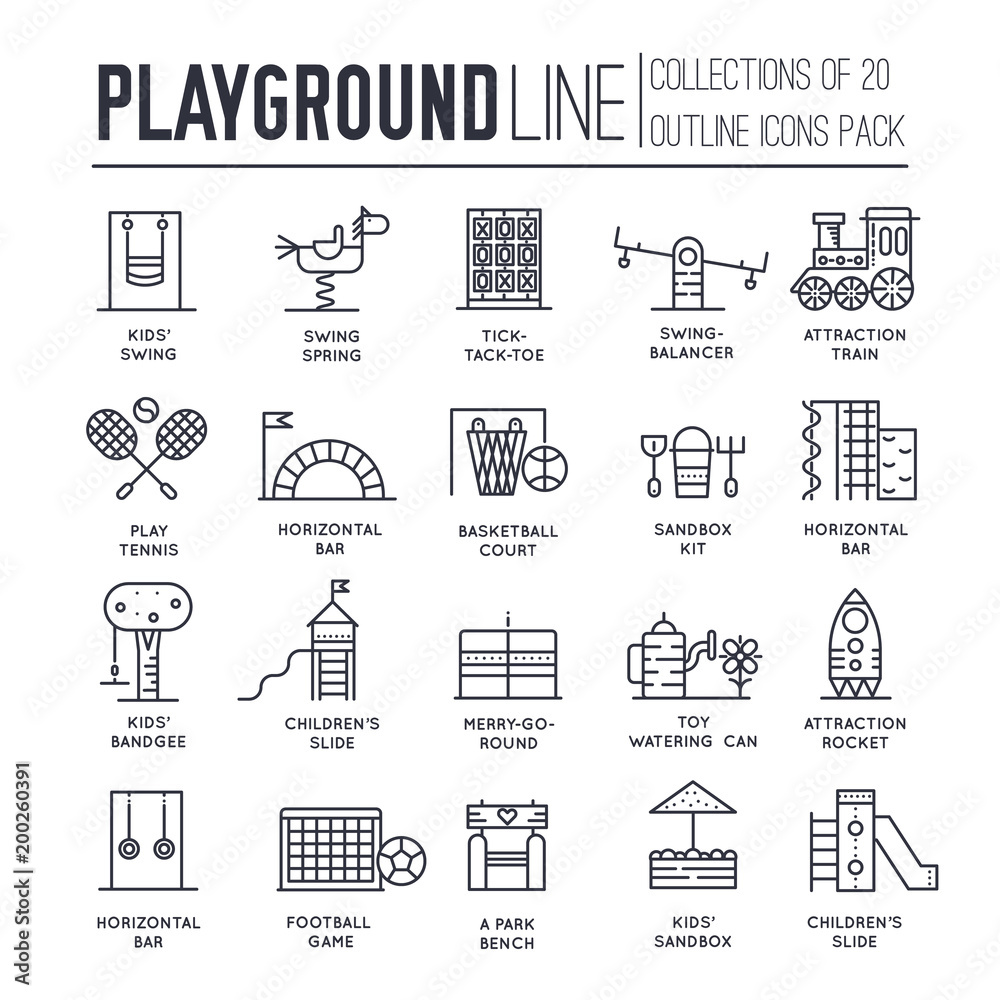 Kids thin line playground field with many staff equipment background icons set. Outline vector flat fun outdoor park illustration concept design.