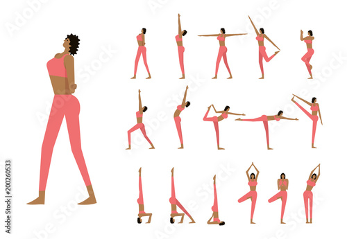Set with beautiful woman in poses of yoga. flat character design. vector illustration