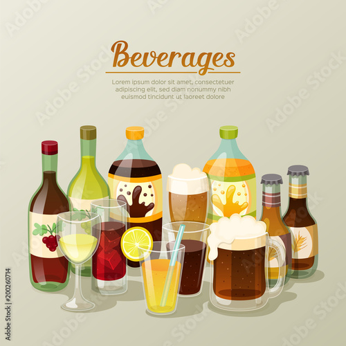 Still life with differents beverages on light brown background. Wine, beer, cola, orange juice. Set of bottles and glasses with drinks. Vector illustration.