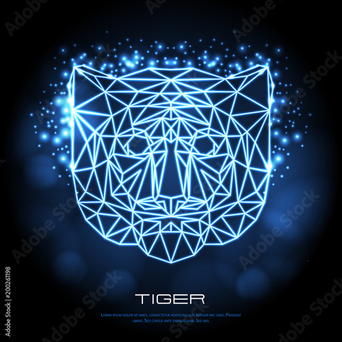 Abstract polygonal tirangle animal tiger neon sign. Hipster animal illustration.