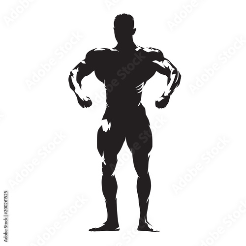 Bodybuilder with big muscles posing, isolated vector silhouette. Front view