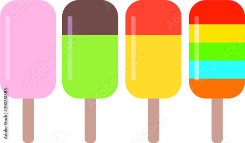 Four different colorful tasty ice-cream with stick, vector illustration isolated on white