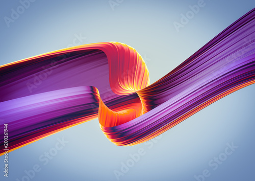 3D render abstract background. Colorful 90s style twisted shapes in motion. Iridescent digital art for poster, banner background, design element. Holographic isolated foil ribbon on dark background.